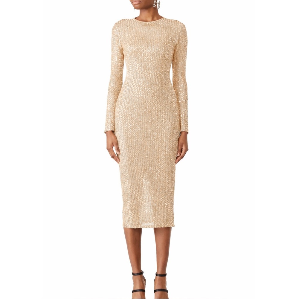 Rachel Roy Womens Long Sleeve Sequin Midi Bodycon Dress L Nude Champagne Sparkly